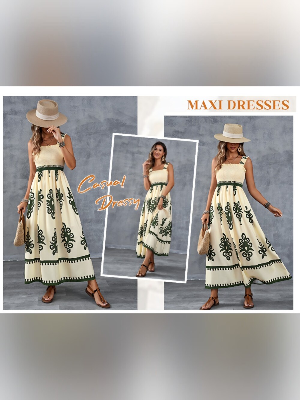 NWOT UEAL Boho Maxi Dress L Cream Green Smocked Square Neck Empire Waist Beach